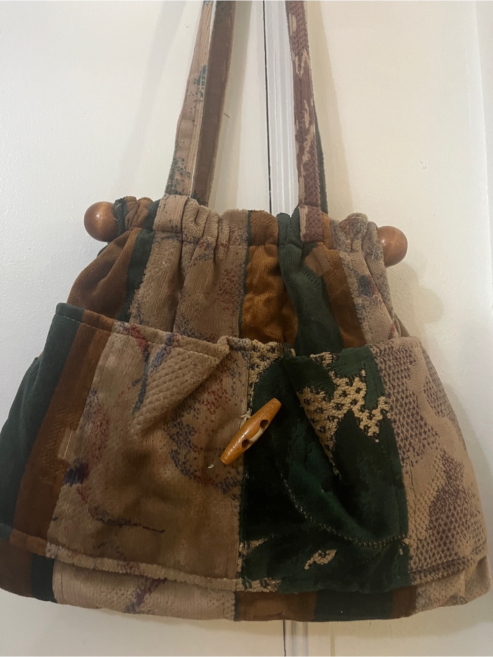 Handmade Patchwork Velvet Drawstring Hobo Bag in Brown and Dark Green
